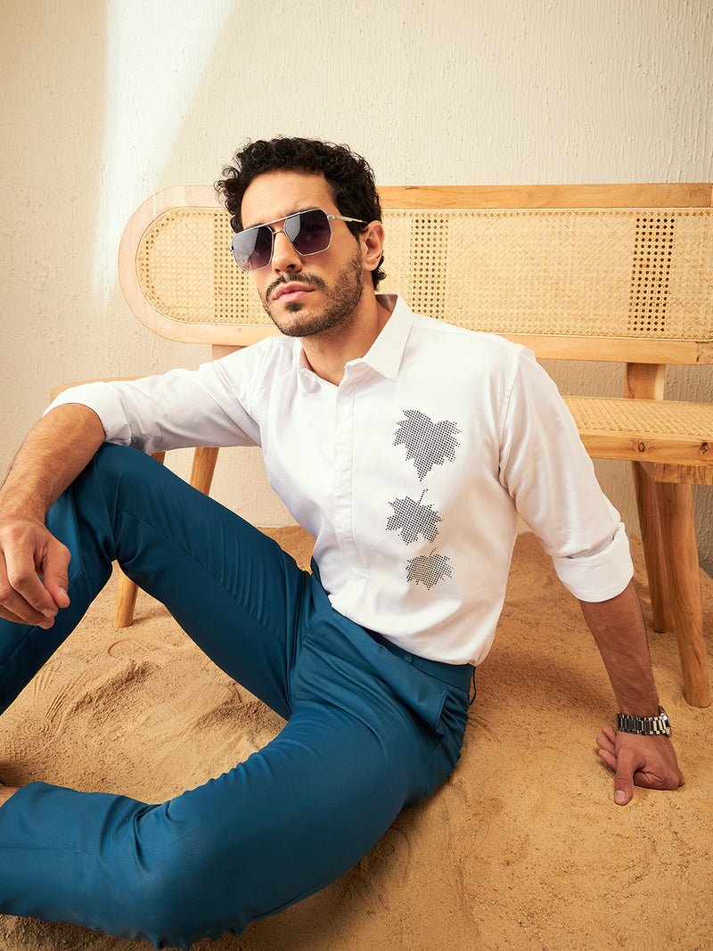 White: Full sleeves Floral Printed Opaque Party Shirt