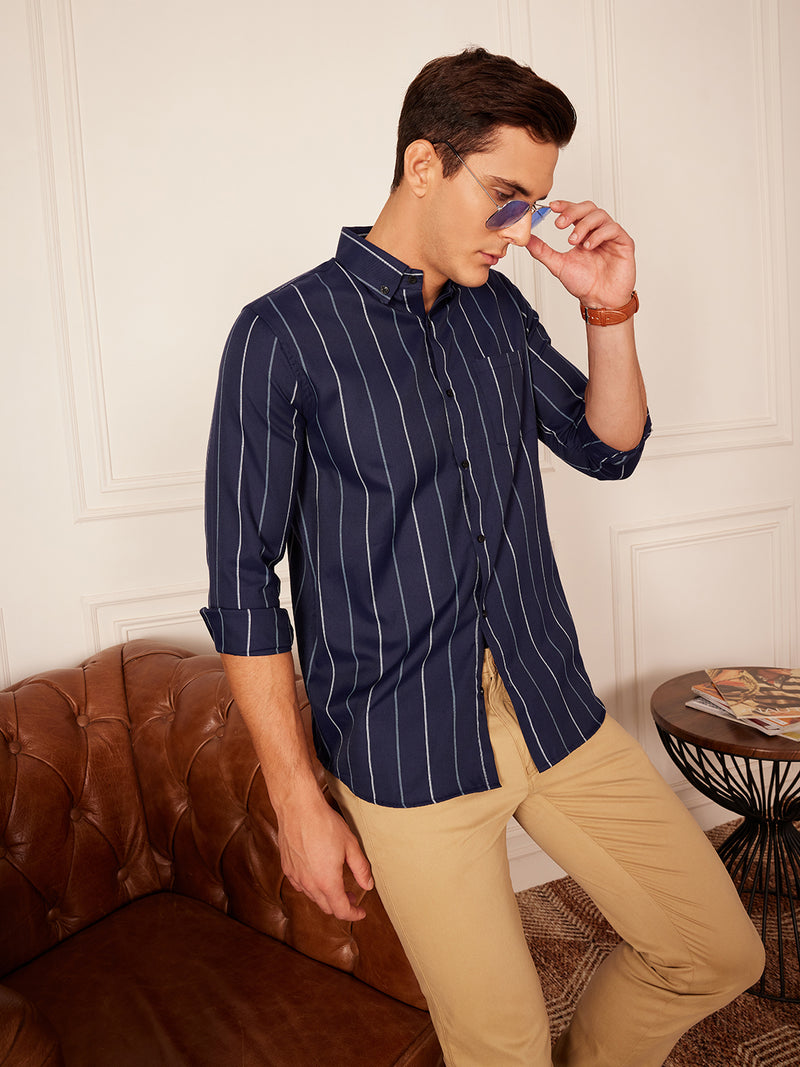 Navy Blue & White: Full Sleeve Button-Down Collar Striped Shirt