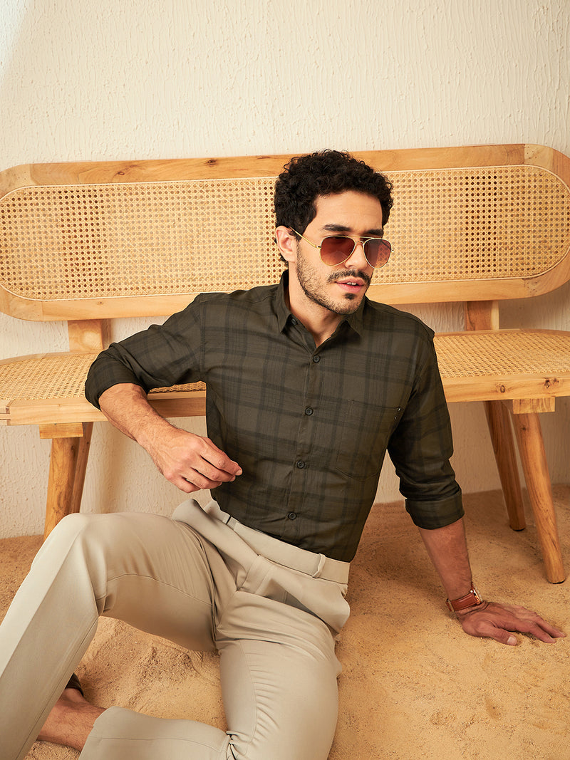 Brown: Full Sleeves Spread Collar Checked Shirt
