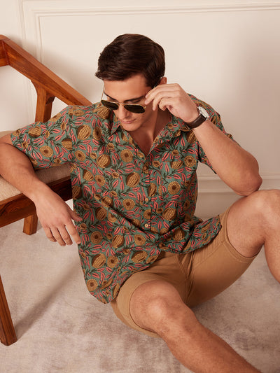 Steel Blue: Half SleevesBlock Printed Shirt