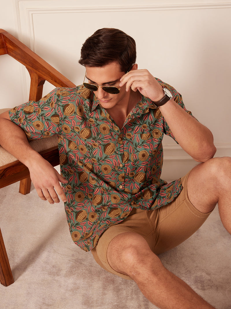 Steel Blue: Half SleevesBlock Printed Shirt