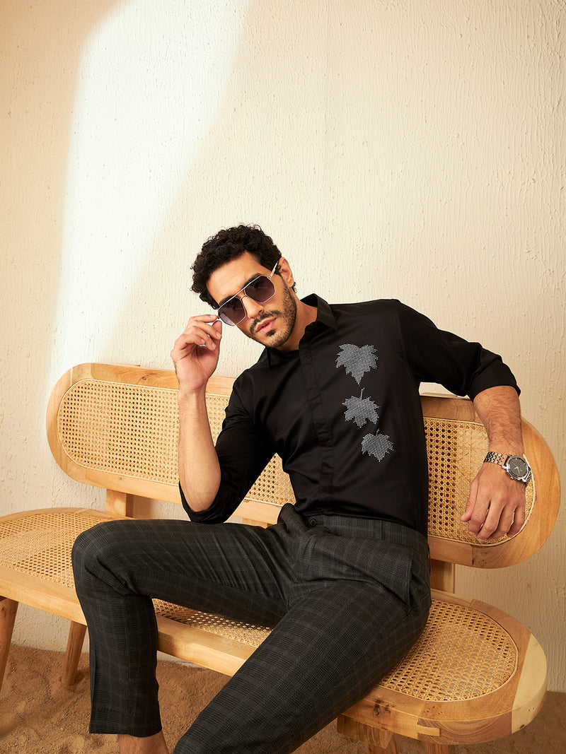 Black: Full Sleeves Floral Party Shirt
