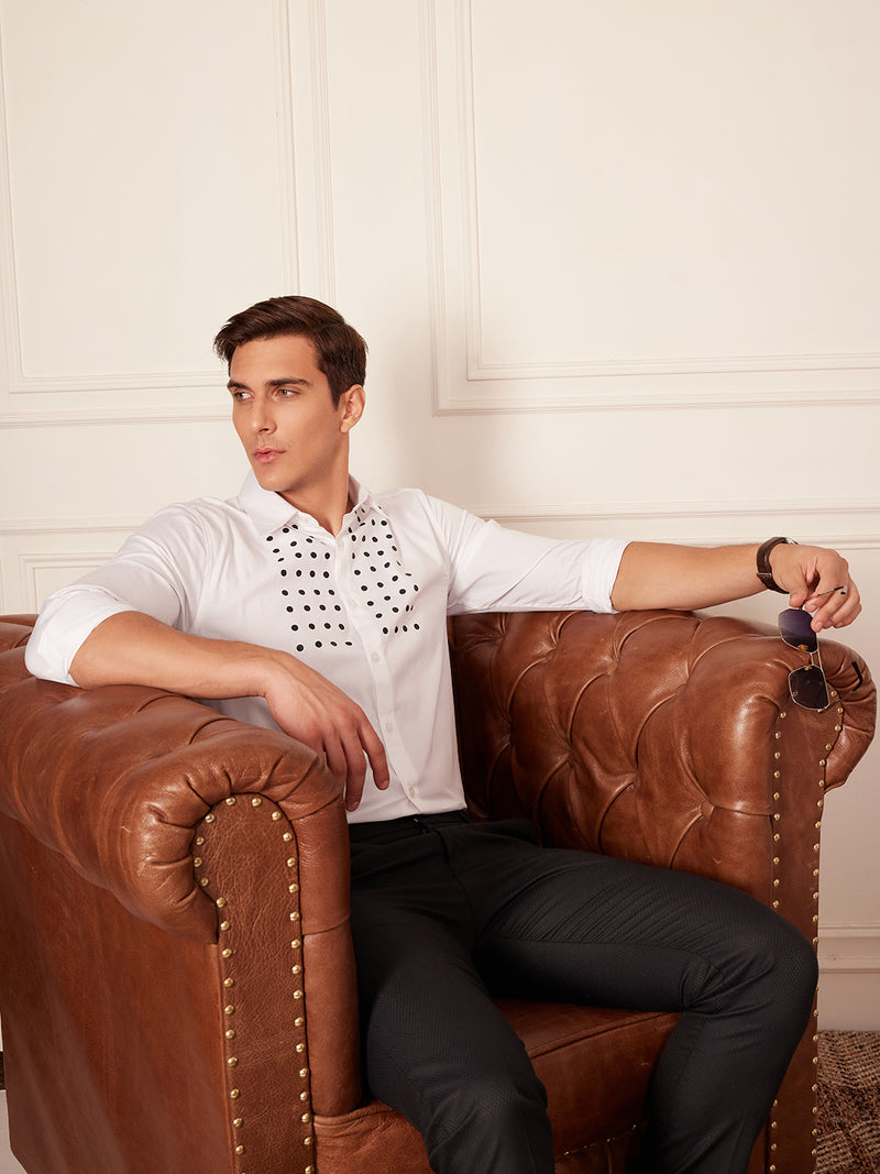 White: Full Sleeves Polka Dot Printed Party Shirt