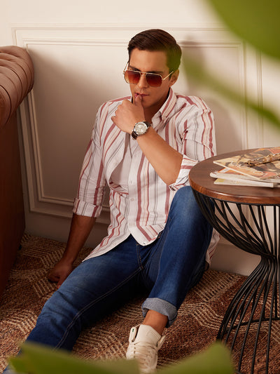 White: Full Sleeve Button-Down Collar Striped Shirt