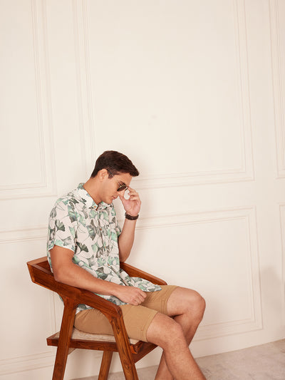 White & Green: Half Sleeves Block Printed Shirt