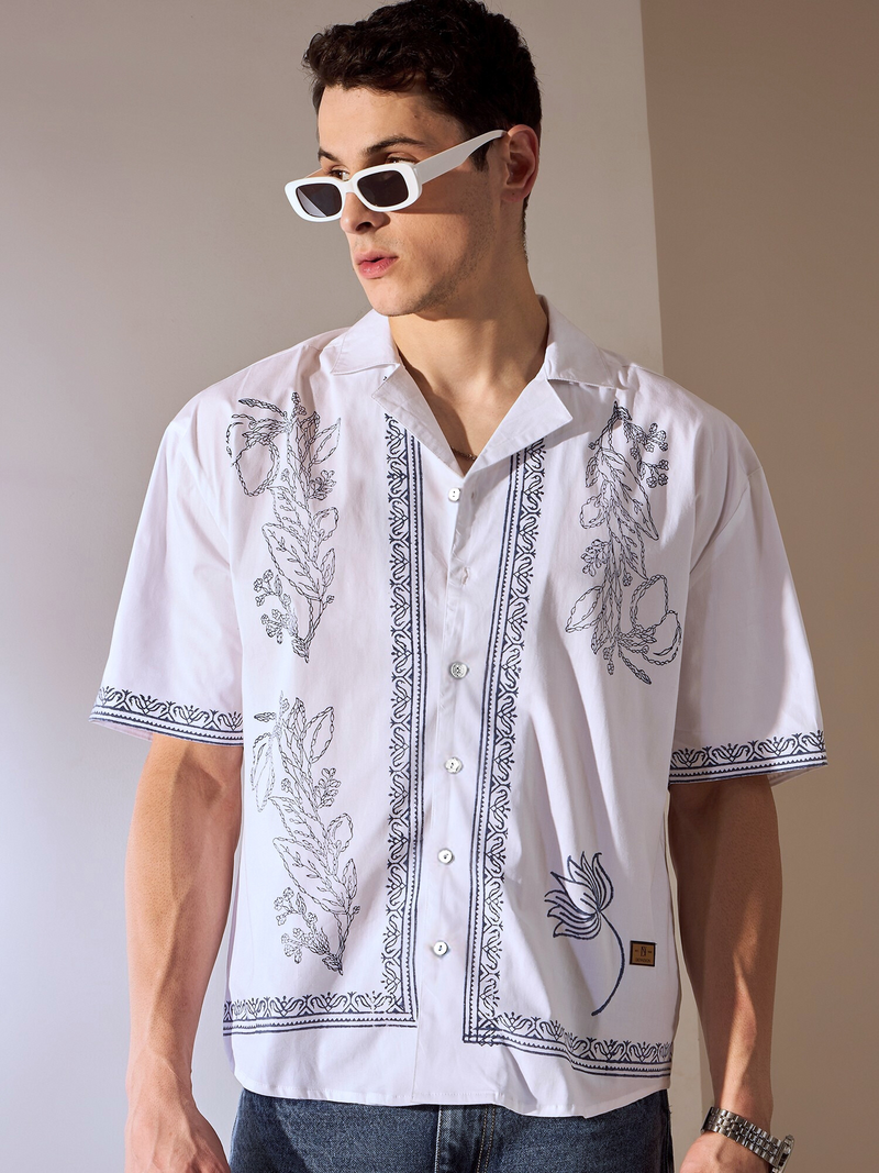 Off White: Half Sleeves Hand Block Oversized Shirt