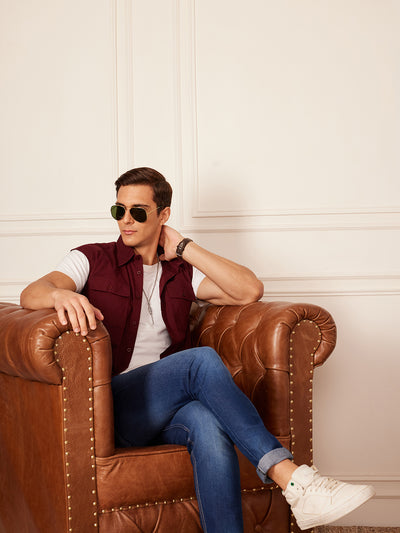 Maroon: Sleeveless Cotton Casual Shirt