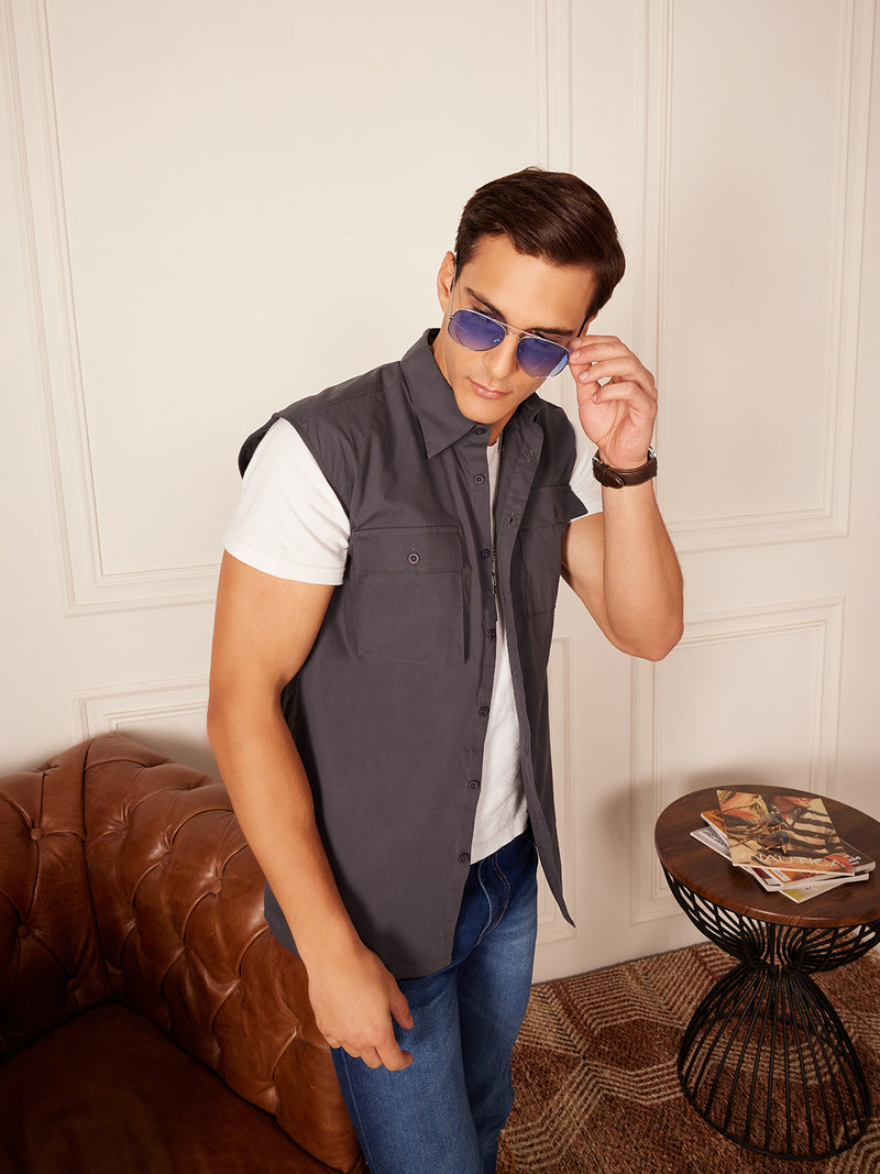 Grey: Sleeveless Cotton Casual Shirt