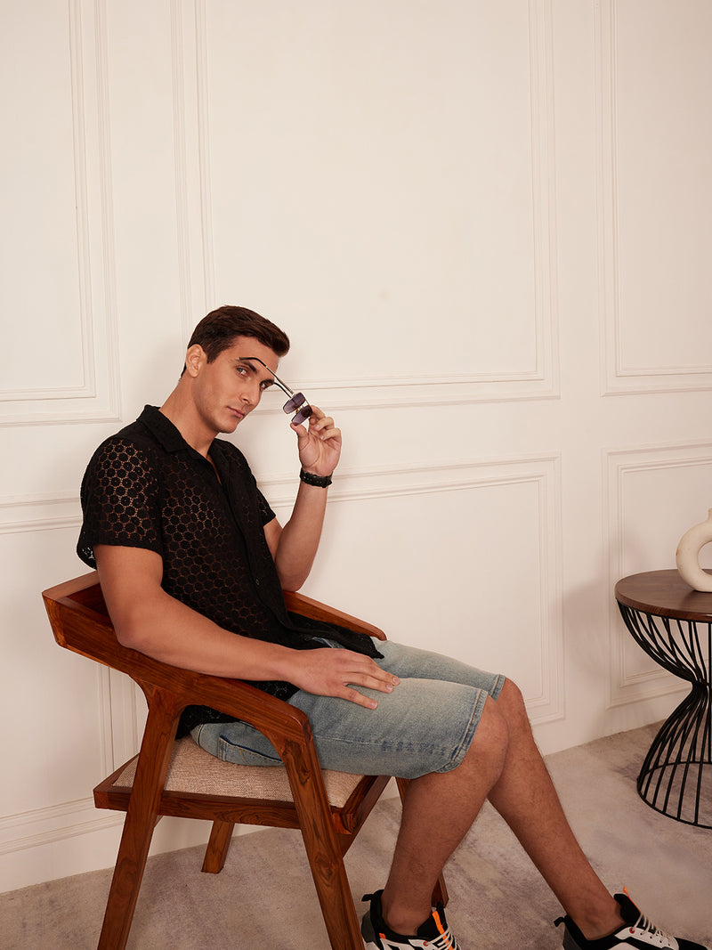 Black: Schifili Self Design Casual Shirt
