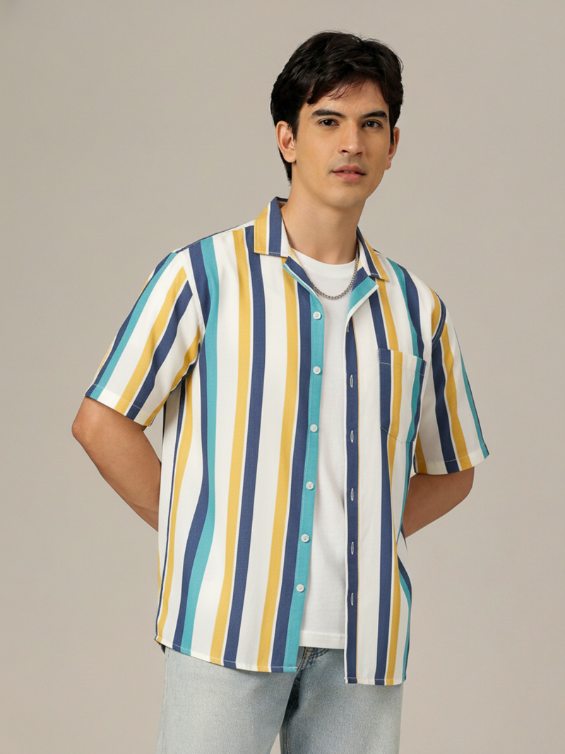 Men Blue  Yellow Smart Multi Striped Casual Shirt