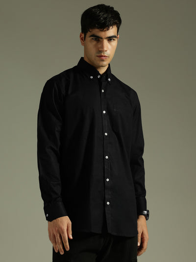 Men Black Smart Slim Fit Solid Twill Weave Cotton Linen Casual Shirt