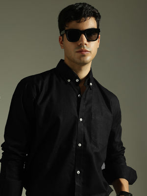 Men Black Smart Slim Fit Solid Twill Weave Cotton Linen Casual Shirt