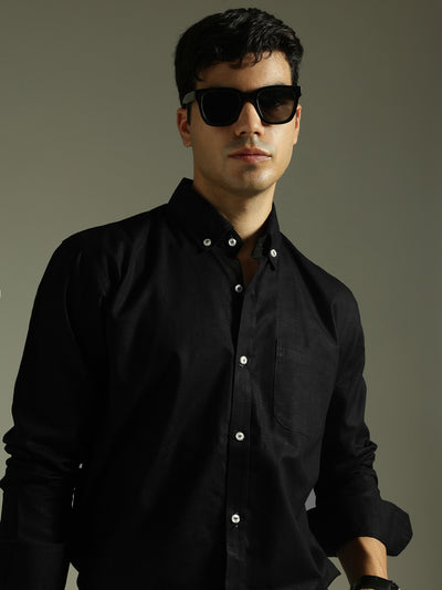 Men Black Smart Slim Fit Solid Twill Weave Cotton Linen Casual Shirt
