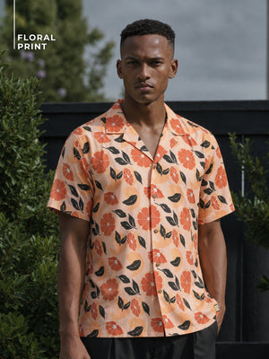 DENNISON Men Peach-Coloured Smart Slim Fit Floral Printed Casual Shirt