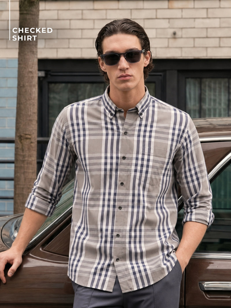 DENNISON Smart Tartan Checks Checked Button-Down Collar Cotton Casual Shirt