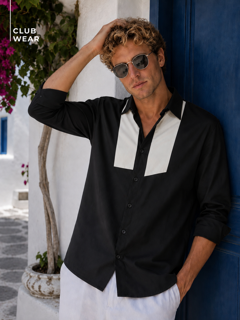 Black: Full Sleeves Colourblocked Slim Fit Shirt