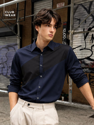 navy blue: Full Sleeves Colorblocked Cotton Casual Shirt