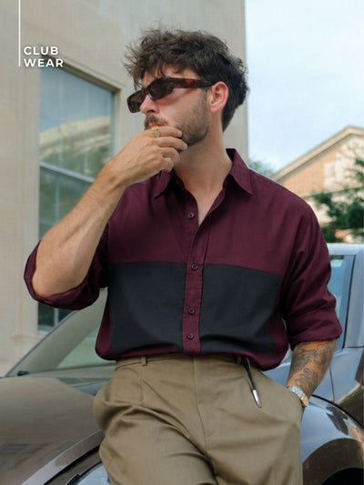 Maroon & Black: Full Sleeves Cotton Casual Shirt