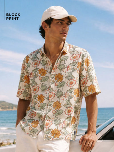 Cream & Mustard: Half Sleeves Block Printed Shirt