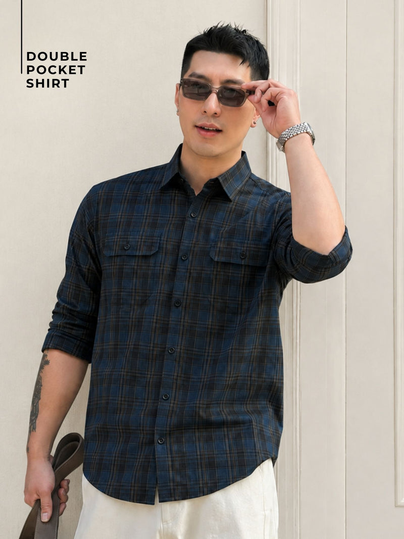 Teal & Dark Blue Double Pocket Checked Shirt