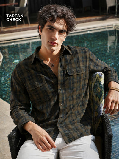 Olive Green: Full Sleeves Checked Shirt