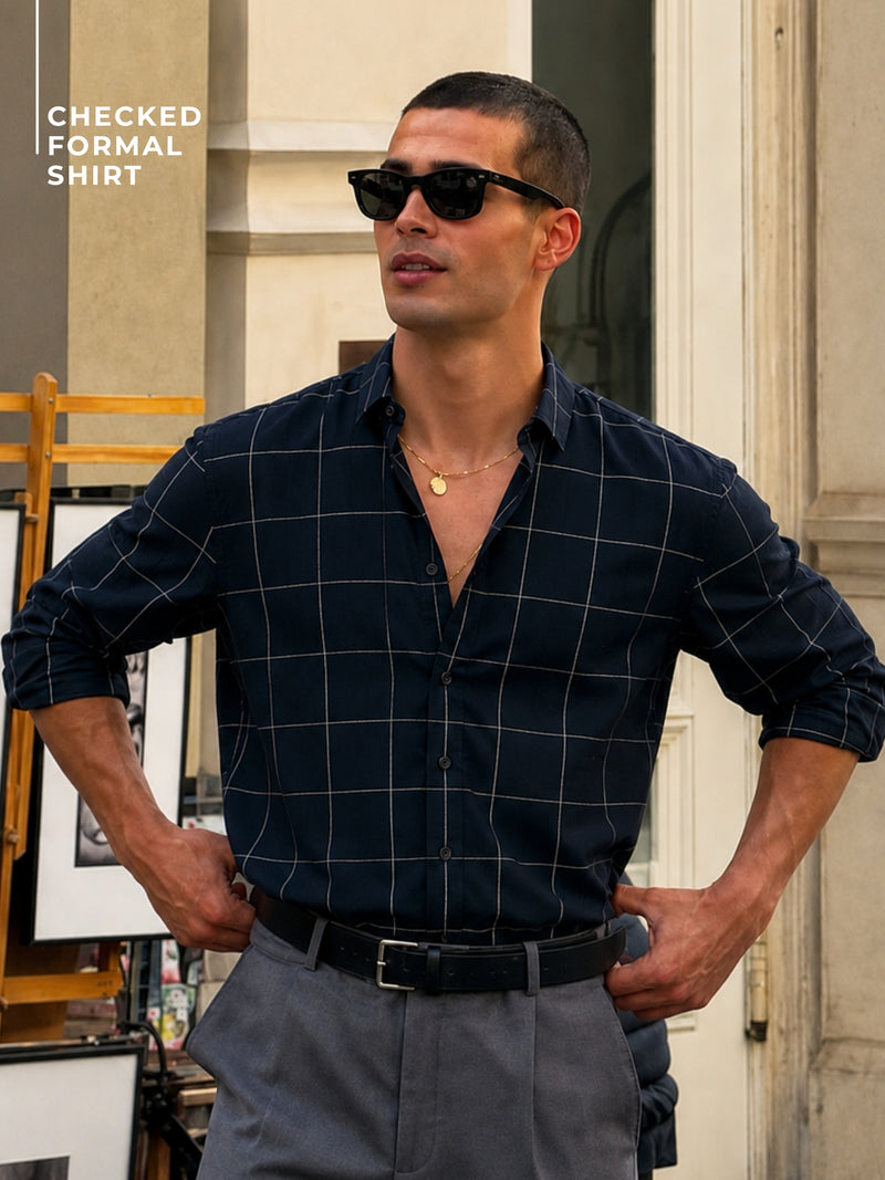 Navy Blue: Full Sleeves Checked Formal Shirt