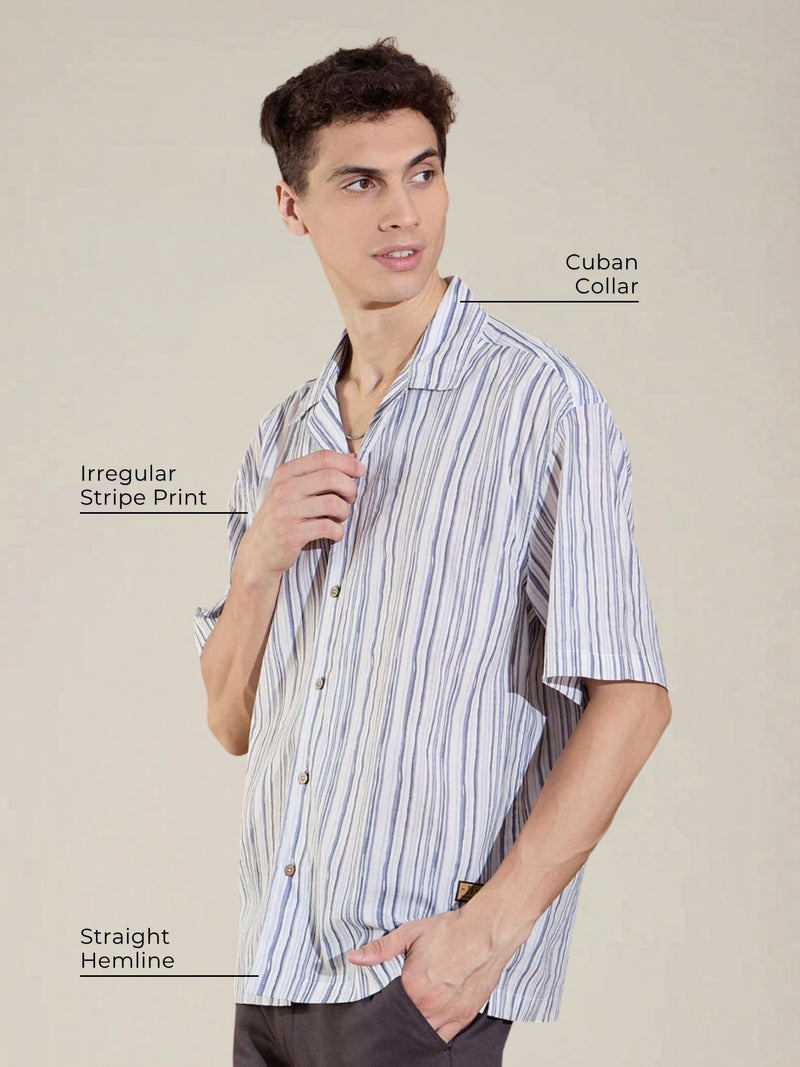 Grey & White: Half Sleeves Oversized Stripes Shirt