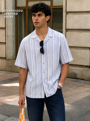 Grey & White: Half Sleeves Oversized Stripes Shirt