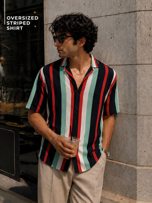Navy Blue: Half Sleeves Oversized stripes Shirt