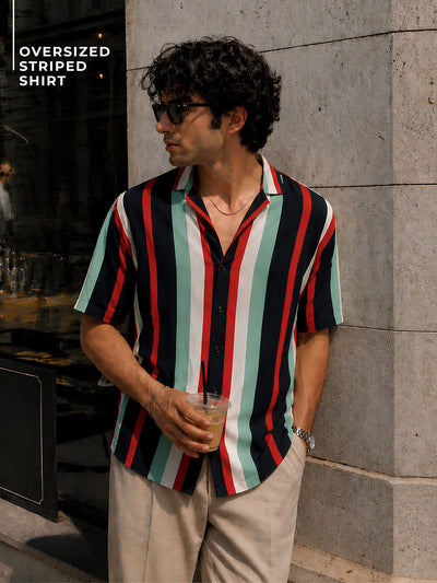 Navy Blue: Half Sleeves Oversized stripes Shirt