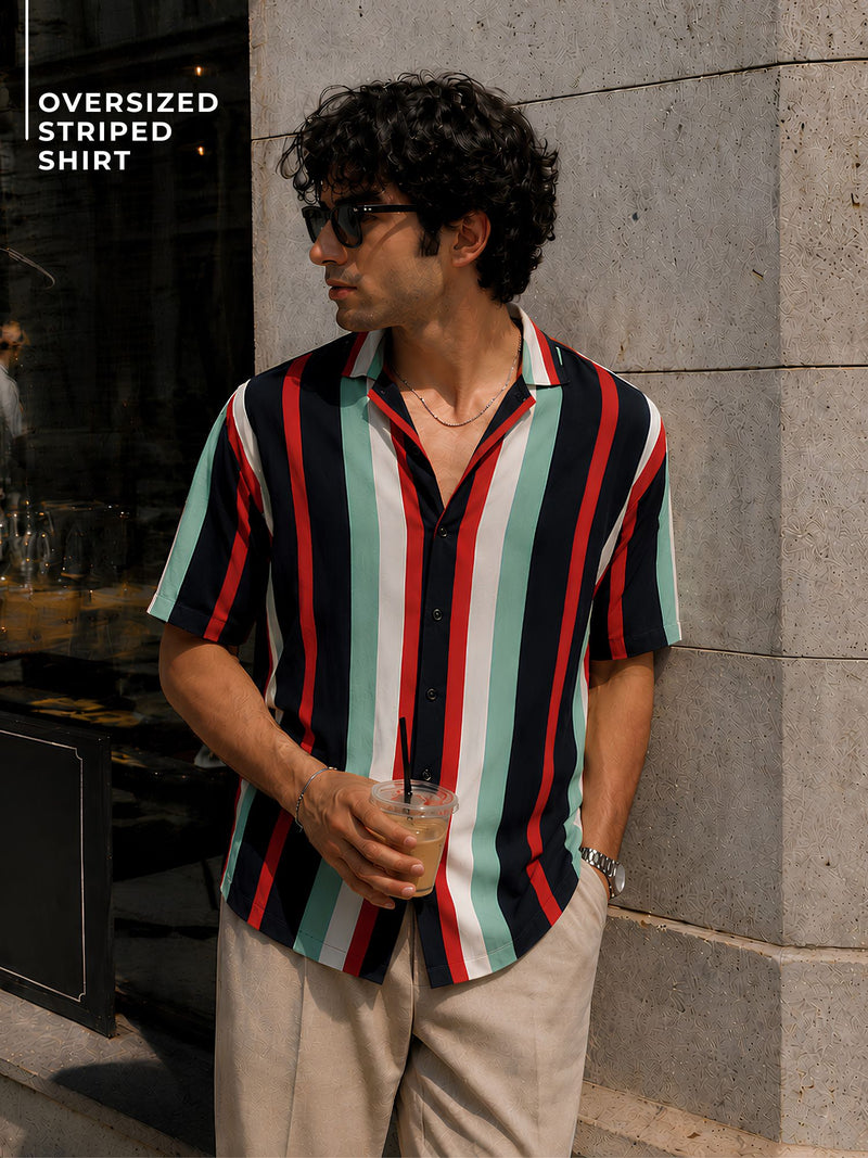 Navy Blue: Half Sleeves Oversized stripes Shirt