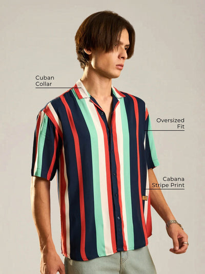 Navy Blue: Half Sleeves Oversized stripes Shirt
