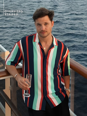 Navy Blue: Half Sleeves Oversized stripes Shirt