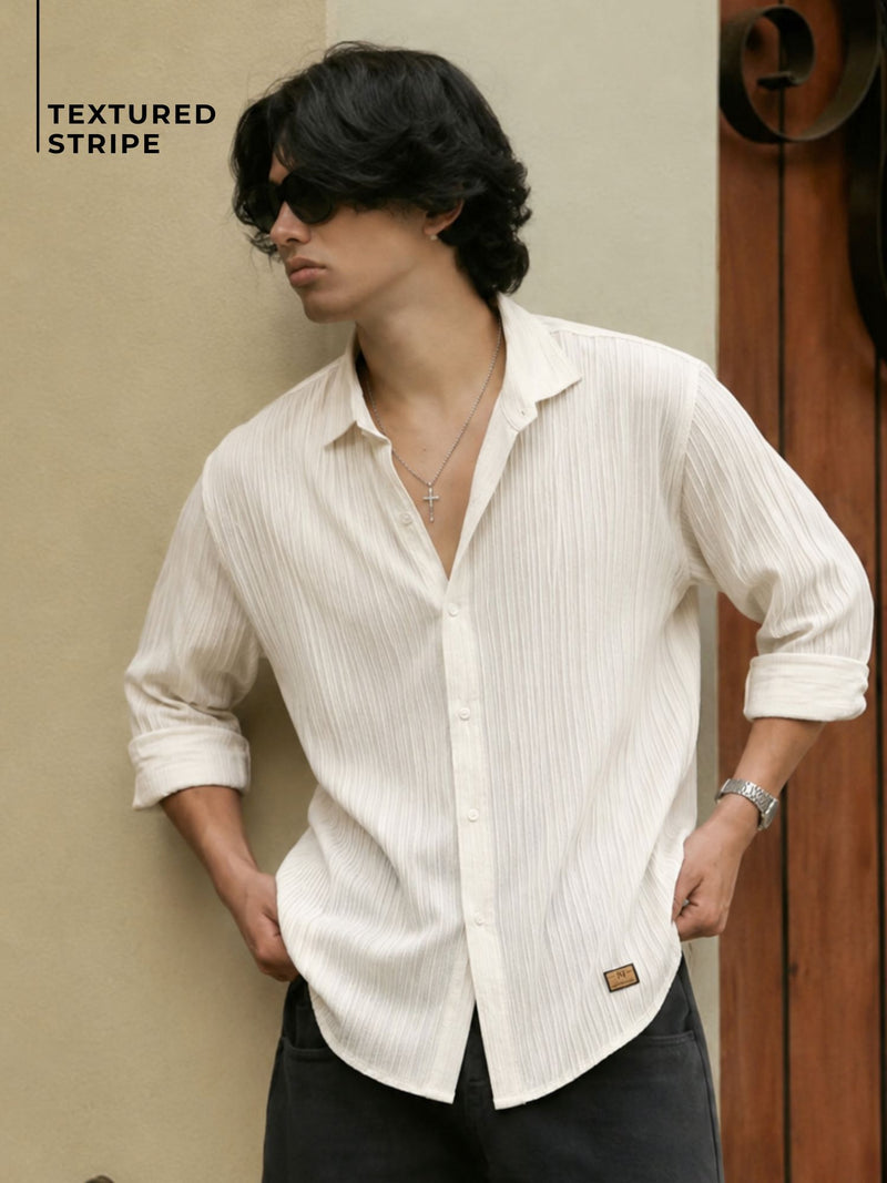 White: Full Sleeves Self-Design Oversized Shirt