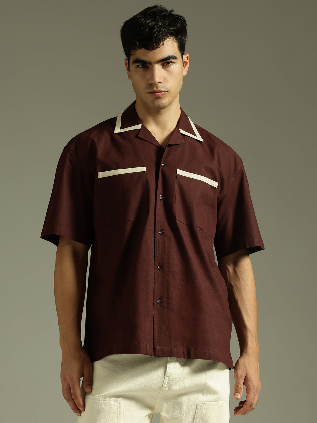Dennison men's brown double pocket oversized cotton shirt front view
