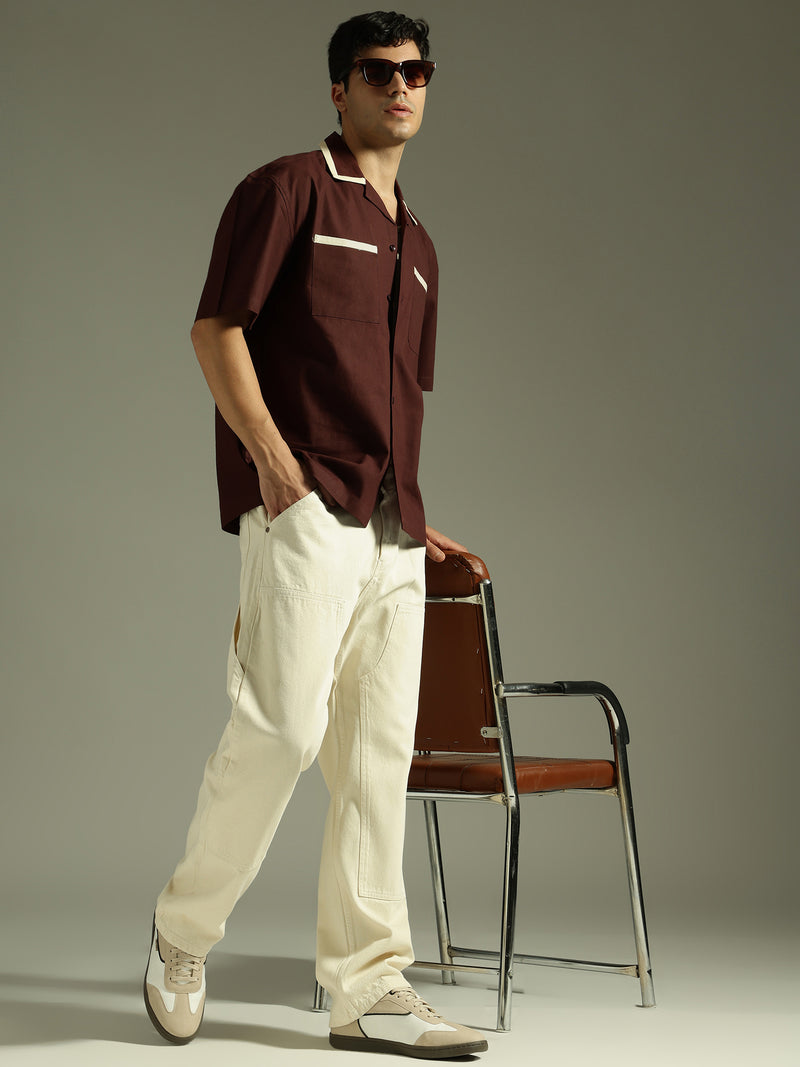 Brown & Cream: Double Pocket Oversized Cotton Shirt