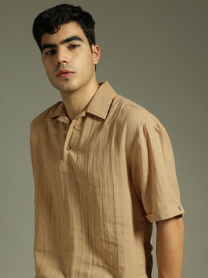 Beige: Half Sleeves Muslin Kurta Shirt