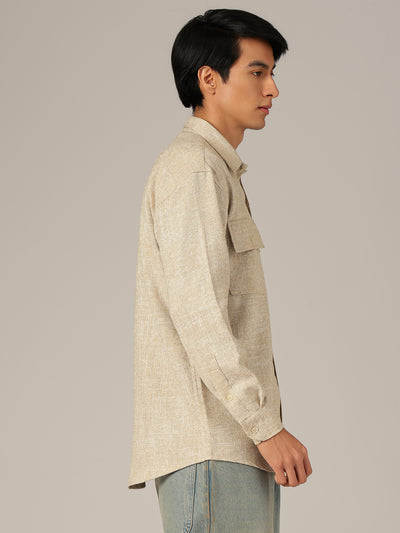 Beige: Double Flap Pockets Oversized Drop-Shoulder Shirt