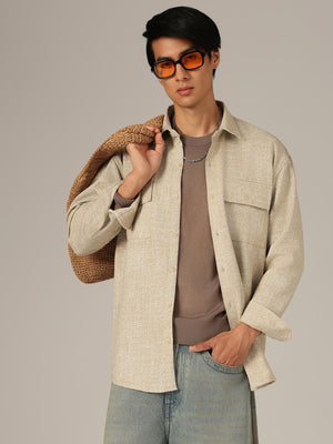 Beige: Double Flap Pockets Oversized Drop-Shoulder Shirt