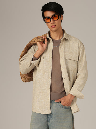 Beige: Double Flap Pockets Oversized Drop-Shoulder Shirt