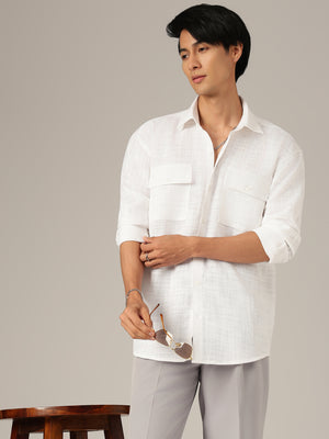 White: Double Flap Pockets Oversized Drop-Shoulder Shirt