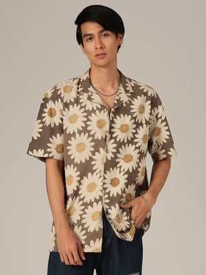 Brown & Off White: Floral Block Printed Sustainable Casual Shirt