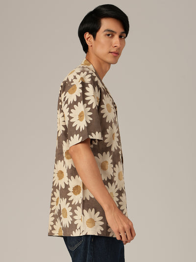 Brown & Off White: Floral Block Printed Sustainable Casual Shirt