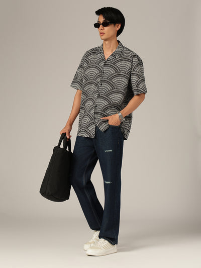 Black & White: Ethnic Printed Drop-Shoulder Oversized Shirt