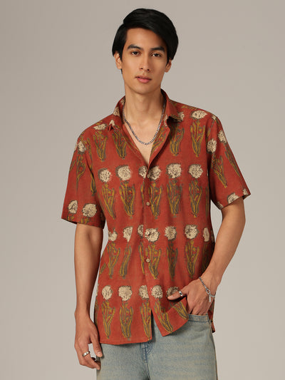 Rust: Floral Block Printed Sustainable Casual Shirt