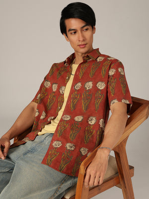 Rust: Floral Block Printed Sustainable Casual Shirt