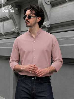 Pink Mandarin Collar Formal Cotton Shirt
