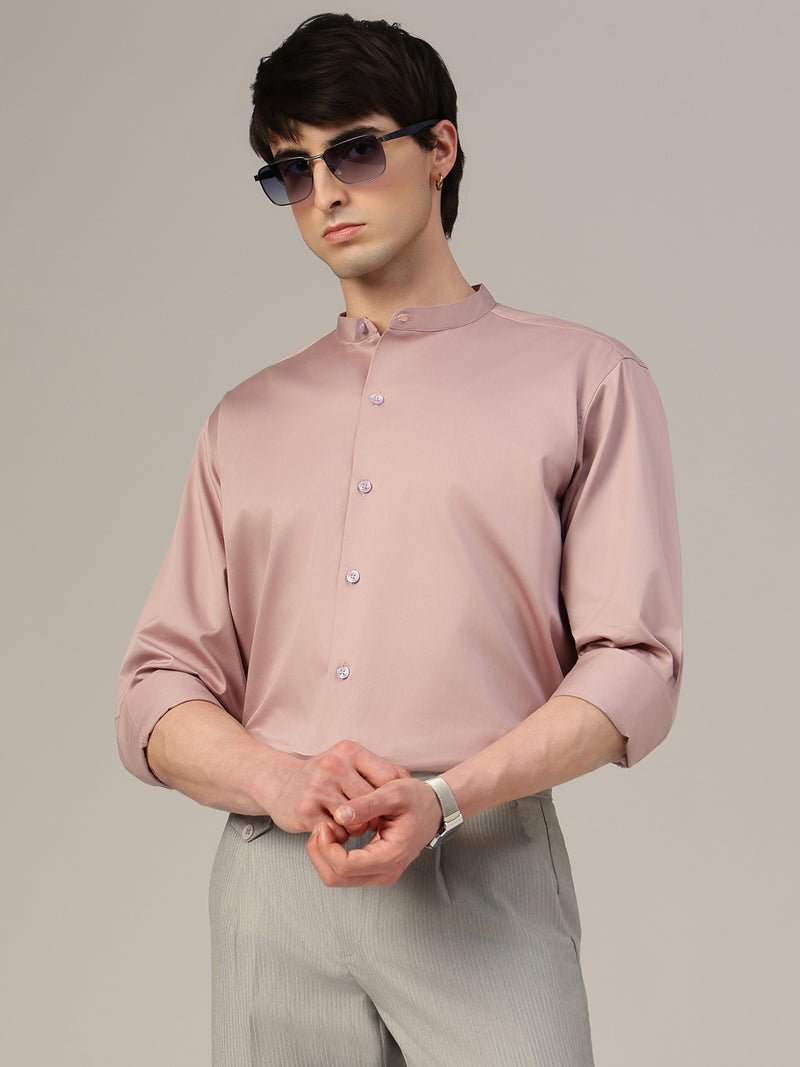 Pink Mandarin Collar Formal Cotton Shirt