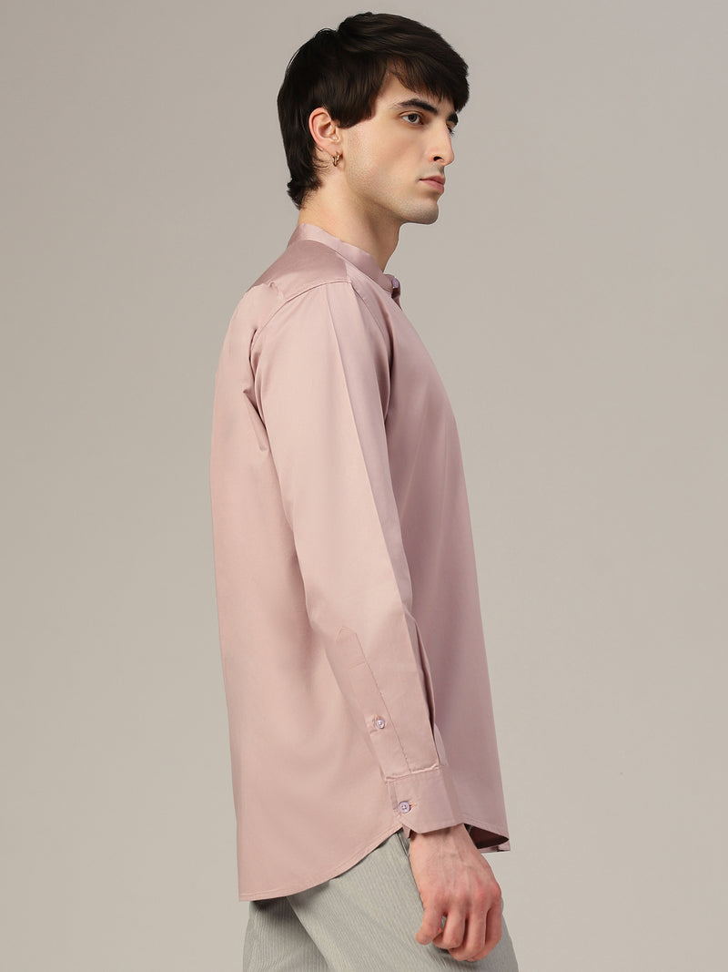 Pink Mandarin Collar Formal Cotton Shirt