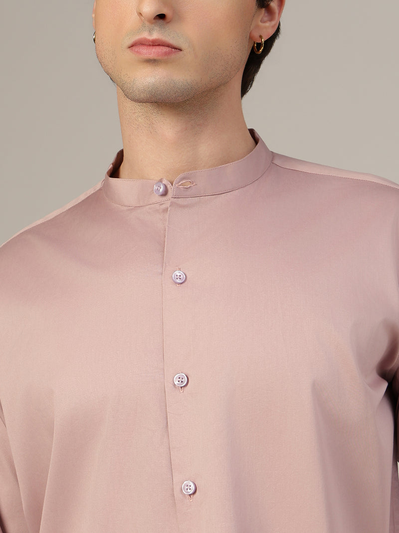 Pink Mandarin Collar Formal Cotton Shirt